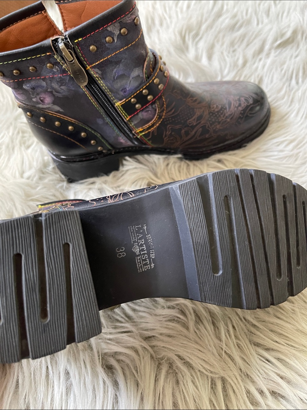 L'ATISTE Black Floral Studded Leather Ankle Booties with Buckle - Picture 8 of 8